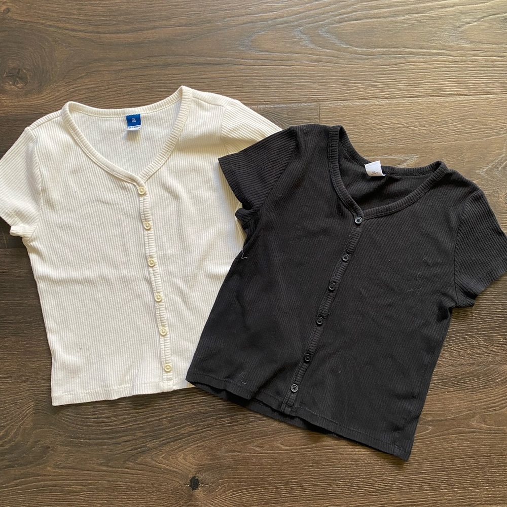 Old Navy Black & Cream Ribbed Button-Front Kids Tops